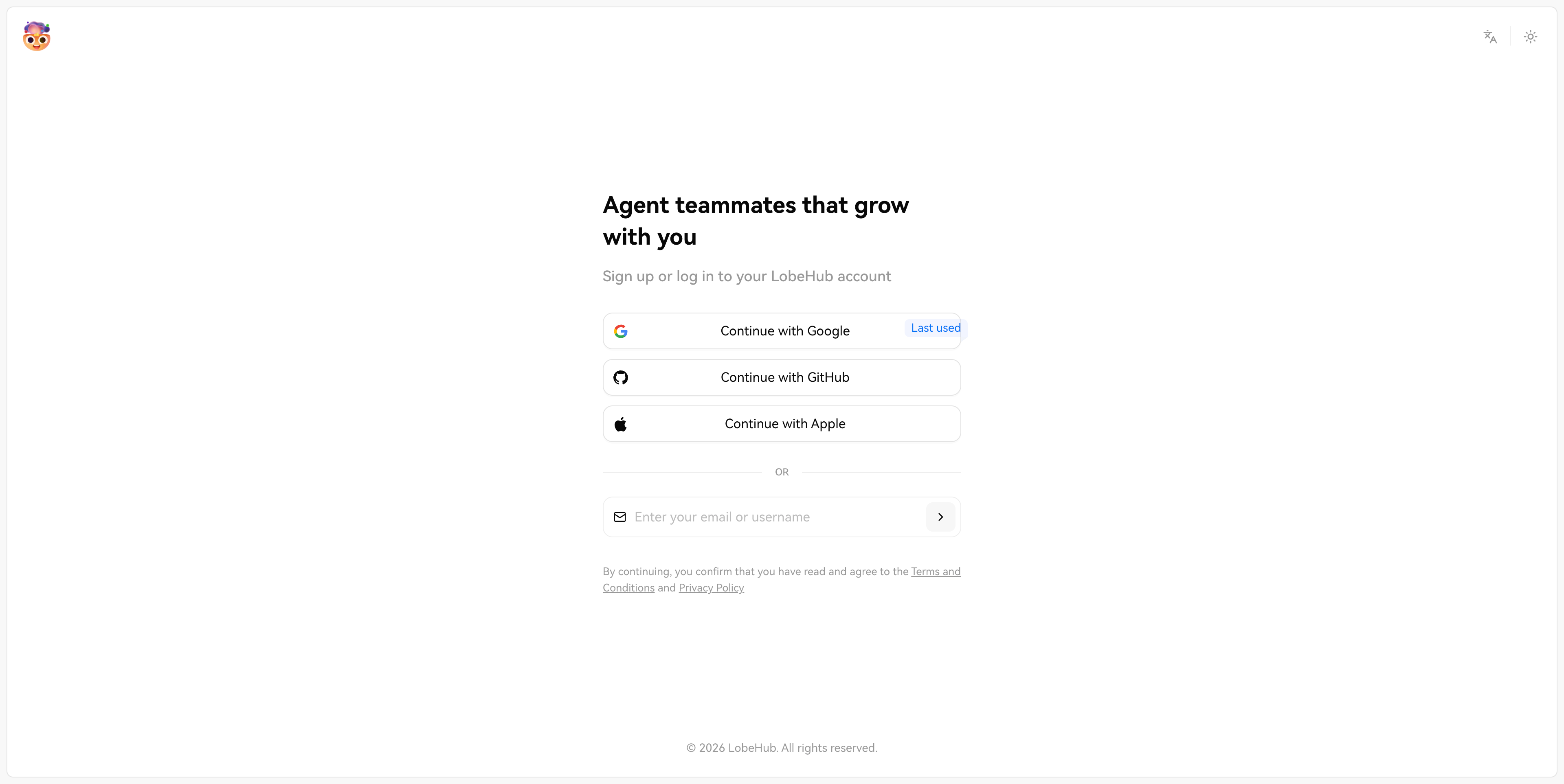 LobeHub login screen — before